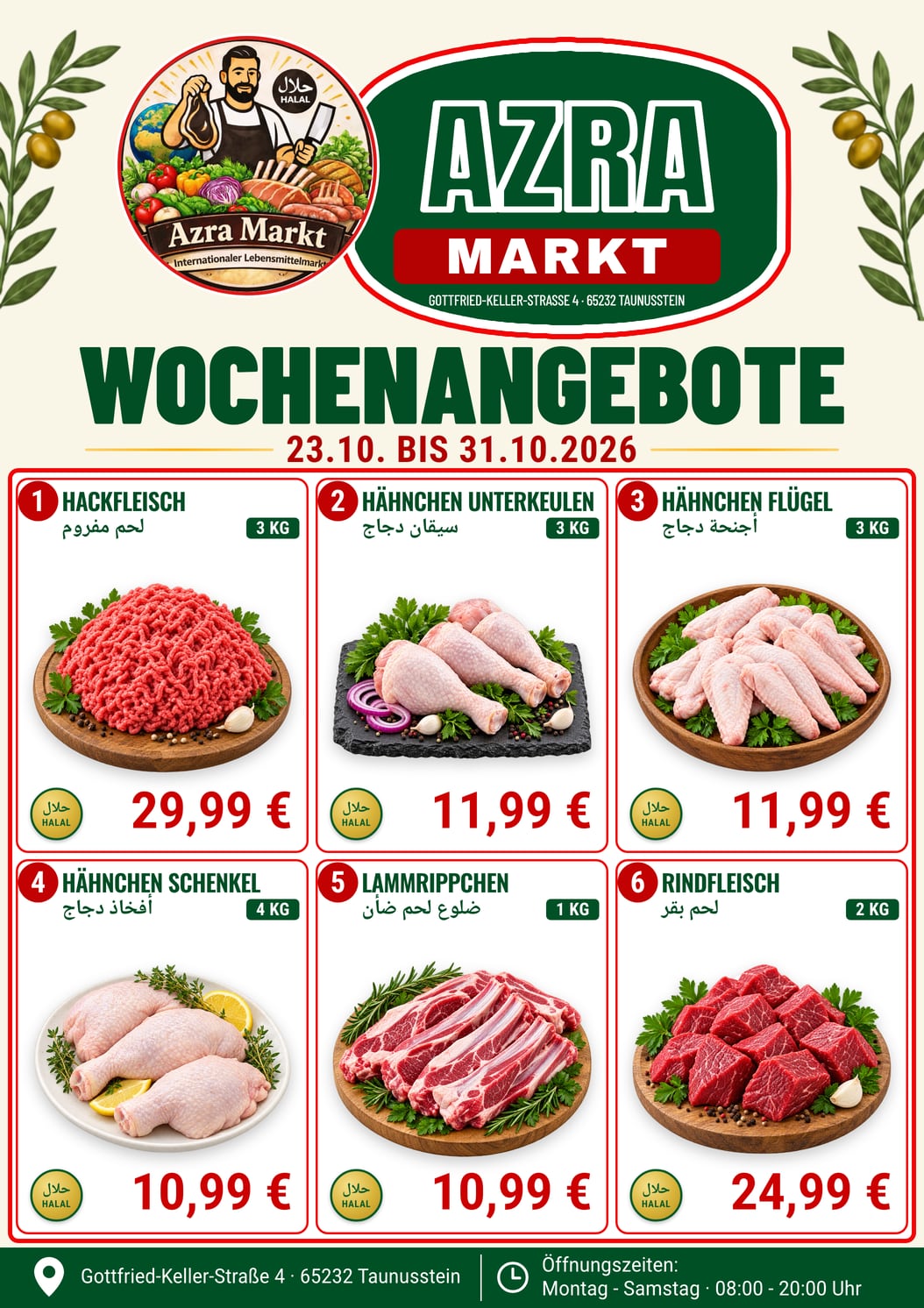 Wochenangebote Azra Markt, Seite 4 Fleisch, gültig 23.10. bis 31.10.2026: Hackfleisch 3 kg 29,99 €, Hähnchen Unterkeulen 3 kg 11,99 €, Hähnchen Flügel 3 kg 11,99 €, Hähnchen Schenkel 4 kg 10,99 €, Lammrippchen 1 kg 10,99 €, Rindfleisch 2 kg 24,99 €. Alles halal.