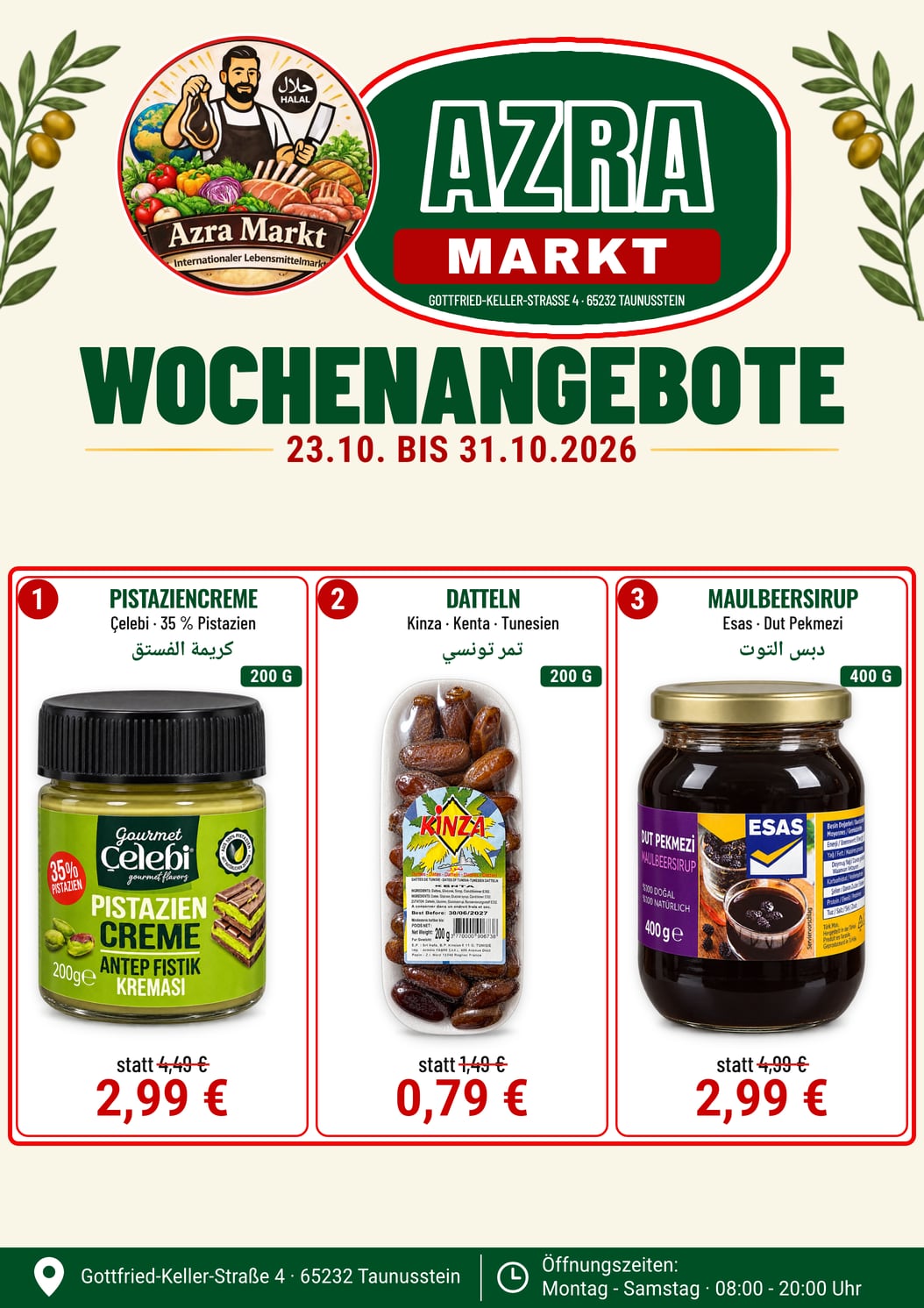 Wochenangebote Azra Markt, Seite 3, gültig 23.10. bis 31.10.2026: Pistaziencreme Çelebi 200 g 2,99 € statt 4,49 €, Datteln Kinza Kenta 200 g 0,79 € statt 1,49 €, Maulbeersirup Esas 400 g 2,99 € statt 4,99 €.