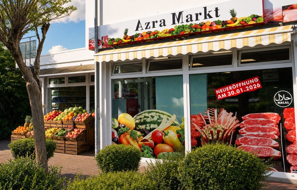 Die Ladenfront des Azra Markt: Schild mit Obst und Fleisch, Markise, Obstkisten vor dem Eingang